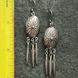VTG Native American Sterling Silver Concho Feather Earrings